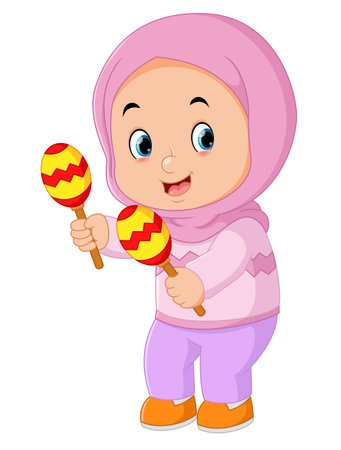 a cute Muslim girl playing a maracas musical instrument of illustrationのイラスト素材