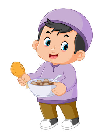 a cute Muslim boy brings a bowl of food and also a piece of fried chicken of illustrationのイラスト素材