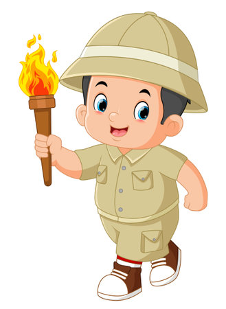 an adventurous boy is excited and runs with a torch of illustrationのイラスト素材