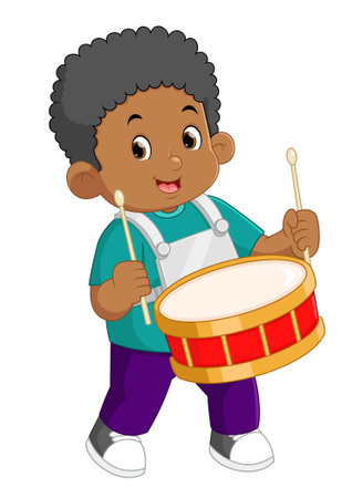 an African boy passionately plays the red drum musical instrument of illustrationのイラスト素材