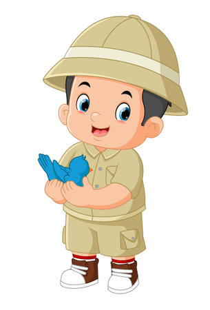 a cute adventurous boy is helping a bird of illustrationのイラスト素材
