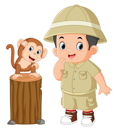 an adventurous boy is posing with a baby monkey of illustrationのイラスト素材