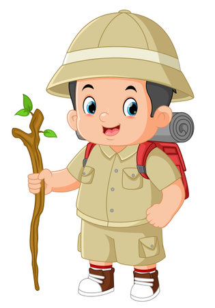 an adventurous boy walks with a backpack and a wooden stick of illustrationのイラスト素材