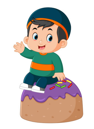 a cute Muslim boy sitting on a big chocolate cake of illustrationのイラスト素材