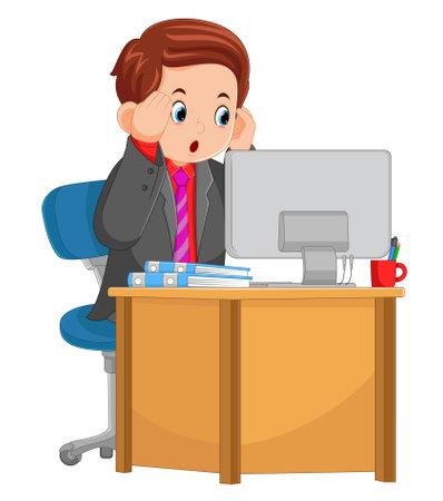a father working as an accountant is experiencing his work pressure in front of the computer of illustrationのイラスト素材