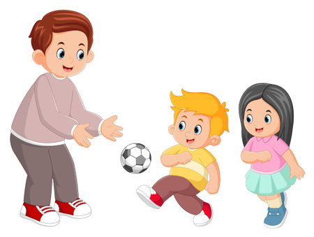 a father is happy playing ball with his son and daughter of illustrationのイラスト素材