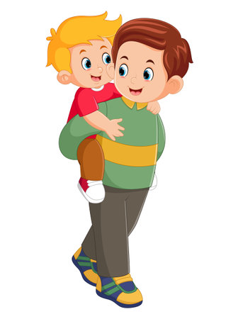 a father is happily playing and carrying his son on his back of illustrationのイラスト素材