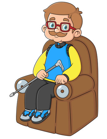 a grandfather are relaxing sitting on the sofa chocolate with his wooden stick of illustrationのイラスト素材