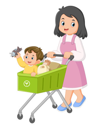 a mother is happily shopping at the supermarket with her son with a shopping cart of illustrationのイラスト素材