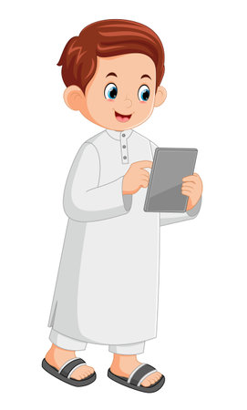 a young man wearing Muslim clothes is communicating using an modern tablet to make transactions in his business of illustrationのイラスト素材