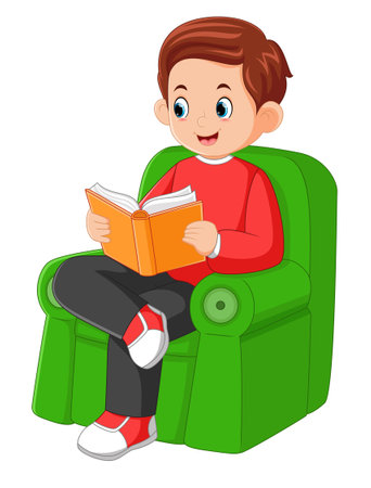 a father enjoying a holiday relaxing on the couch and reading a book of illustrationのイラスト素材