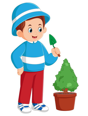 a father is doing gardening activities by cleaning plants using a garden shovel of illustrationのイラスト素材