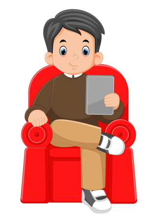a young entrepreneur is sitting on a red sofa carrying and communicating using an modern tablet of illustrationのイラスト素材