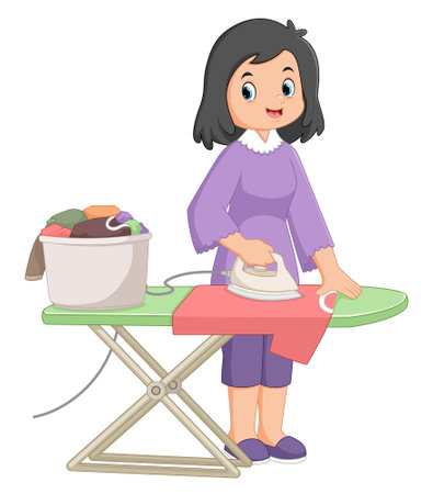 a mother is enthusiastically ironing clothes of illustrationのイラスト素材