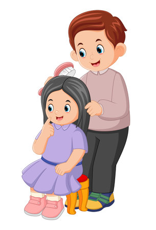 a father is combing his daughter's hair gently of illustrationのイラスト素材