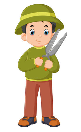 a father wearing a garden hat posing with a grass scissor of illustrationのイラスト素材