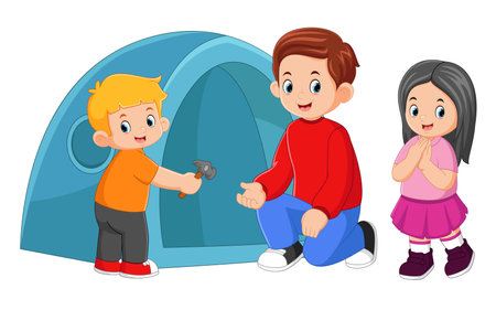 a father with his son and daughter are setting up a tent for camping of illustrationのイラスト素材