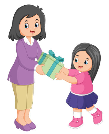 a mother surprised her daughter by giving a big gift of illustrationのイラスト素材
