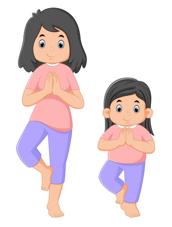 a mother and her daughter are doing yoga exercises of illustrationのイラスト素材