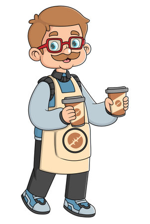a grandfather who works as a professional coffee seller is carrying two cups of coffee ordered by customers of illustrationのイラスト素材