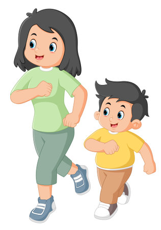 excited mother and son doing morning run of illustrationのイラスト素材