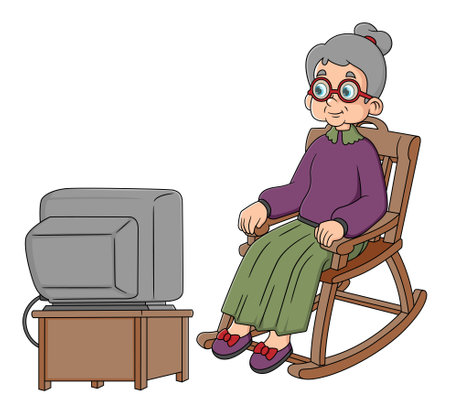 Old woman sitting in an rocking chair and watching TV of illustrationのイラスト素材