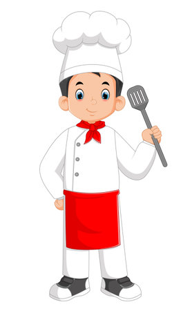 a handsome young man work as a professional chef is carrying a spatula of illustrationのイラスト素材