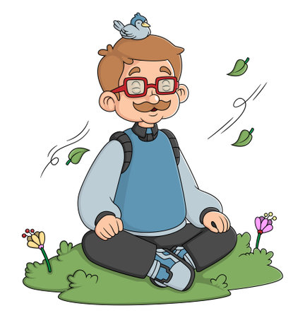 An old man is sitting on the grass meditating with a bird above his head of illustrationのイラスト素材