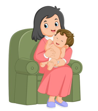 a happy mother is sitting on a green sofa holding her baby boy of illustrationのイラスト素材