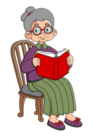old woman in a rocking chair reading a book of illustrationのイラスト素材
