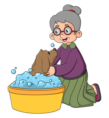 Happy grandmother bathing a dog of illustrationのイラスト素材