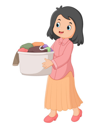 a mother holding large basket with dirty clothes of illustrationのイラスト素材