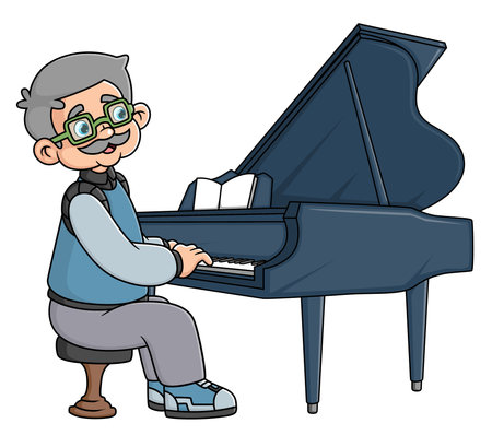 a grandfather is singing a nostalgic song by playing the piano of illustrationのイラスト素材