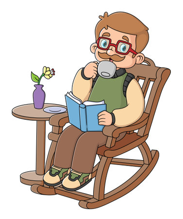 an old man was relaxing sitting in a rocking chair reading a book and drinking a cup of coffee of illustrationのイラスト素材