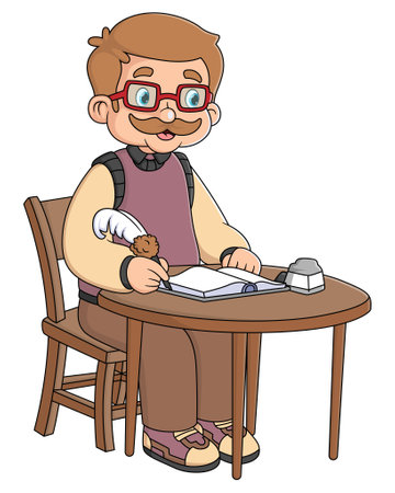 a grandfather who works as a legend story writer is sitting and writing with a quill pen of illustrationのイラスト素材