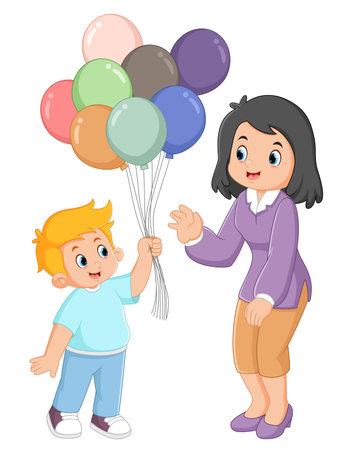 a cute boy is carrying lots of balloons and giving them to his mother of illustrationのイラスト素材