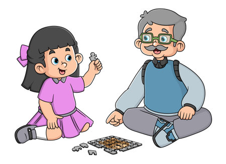 a grandfather playing puzzles with his granddaughter of illustrationのイラスト素材