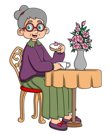 old woman drinking coffee in cafe or restaurant of illustrationのイラスト素材