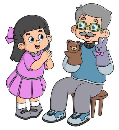 a grandfather laughing happily with his granddaughter was storytelling using hand puppets of illustrationのイラスト素材