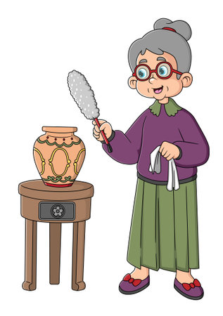 old Woman Housewife Wiping The Dust Of Vase with Brushのイラスト素材