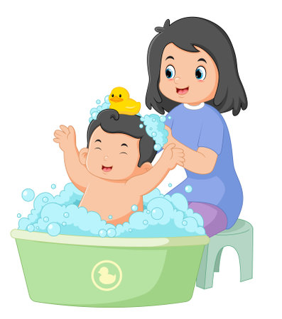 a happy mother doing her very cute baby bathing activity of illustrationのイラスト素材