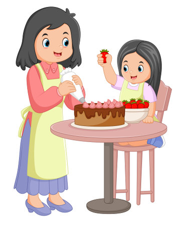 mother and daughter baking together cakes in the kitchen of illustrationのイラスト素材