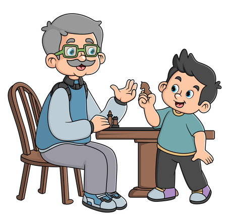 a grandfather teaches his grandson to play strategic chess of illustrationのイラスト素材