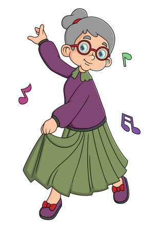 Senior woman dancing, wearing elegant evening dress. Happy old lady dances. Elderly gray female moving to musicのイラスト素材