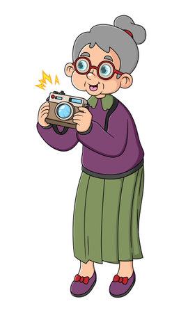 An elder woman photographer taking pictures with camera in traveling. Aged tourist with gray hair of illustrationのイラスト素材