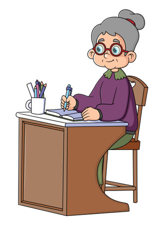 Old teacher, female, senior professor, university tutor at desk. Busy experienced elderly master of illustrationのイラスト素材