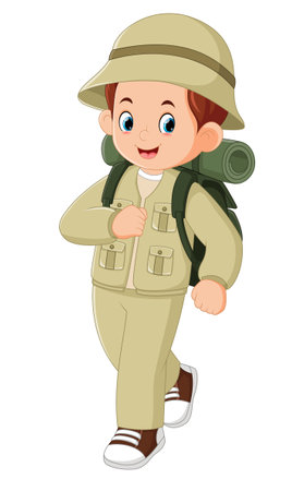 a young man doing adventurous activities wearing adventurous clothes and carrying a large backpack of illustrationのイラスト素材
