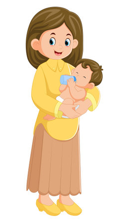 a happy mother is holding her baby boy and feeding him a bottle of illustrationのイラスト素材