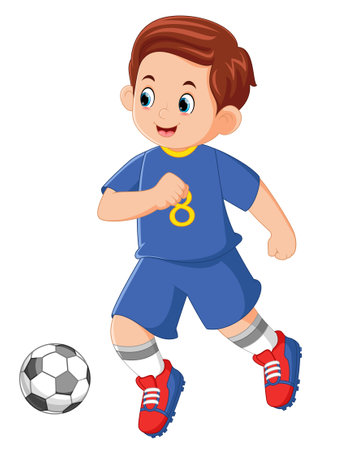a father is exercising playing soccer wearing a blue uniform shirt of illustrationのイラスト素材