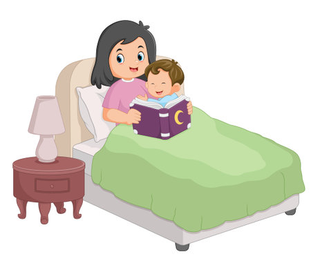 a mother is reading a story book to her son as a bedtime bed of illustrationのイラスト素材